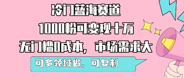 冷门蓝海赛道，1000粉可变现十W，无门槛0成本，市场需求大，可多领域做，可复制性强-副业网资源站