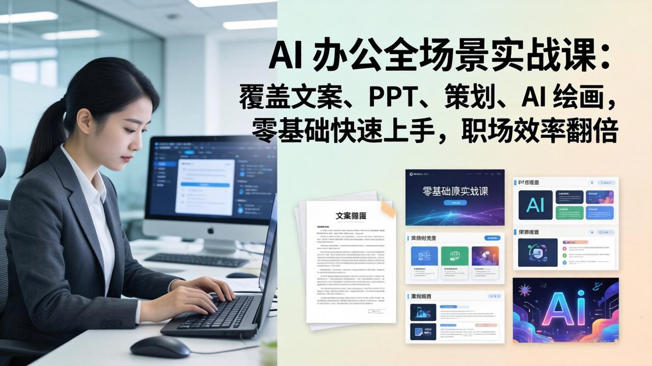 AI 办公全场景实战课：覆盖文案、PPT、策划、AI 绘画，零基础快速上手，职场效率翻倍-副业网资源站