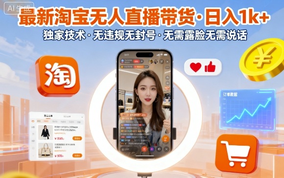 最新淘宝无人直播带货，日入1k+，独家技术，无违规无封号，无需露脸无需说话【揭秘】-副业网资源站