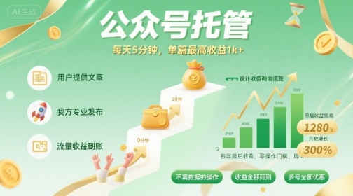 【公众号托管 】我提供文章，你发布，每天5分钟，单篇最高收益1k+【揭秘】-副业网资源站