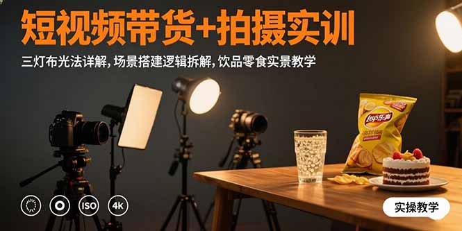 短视频带货+拍摄实训：三灯布光法详解,场景搭建逻辑拆解,饮品零食实景教学-副业网资源站