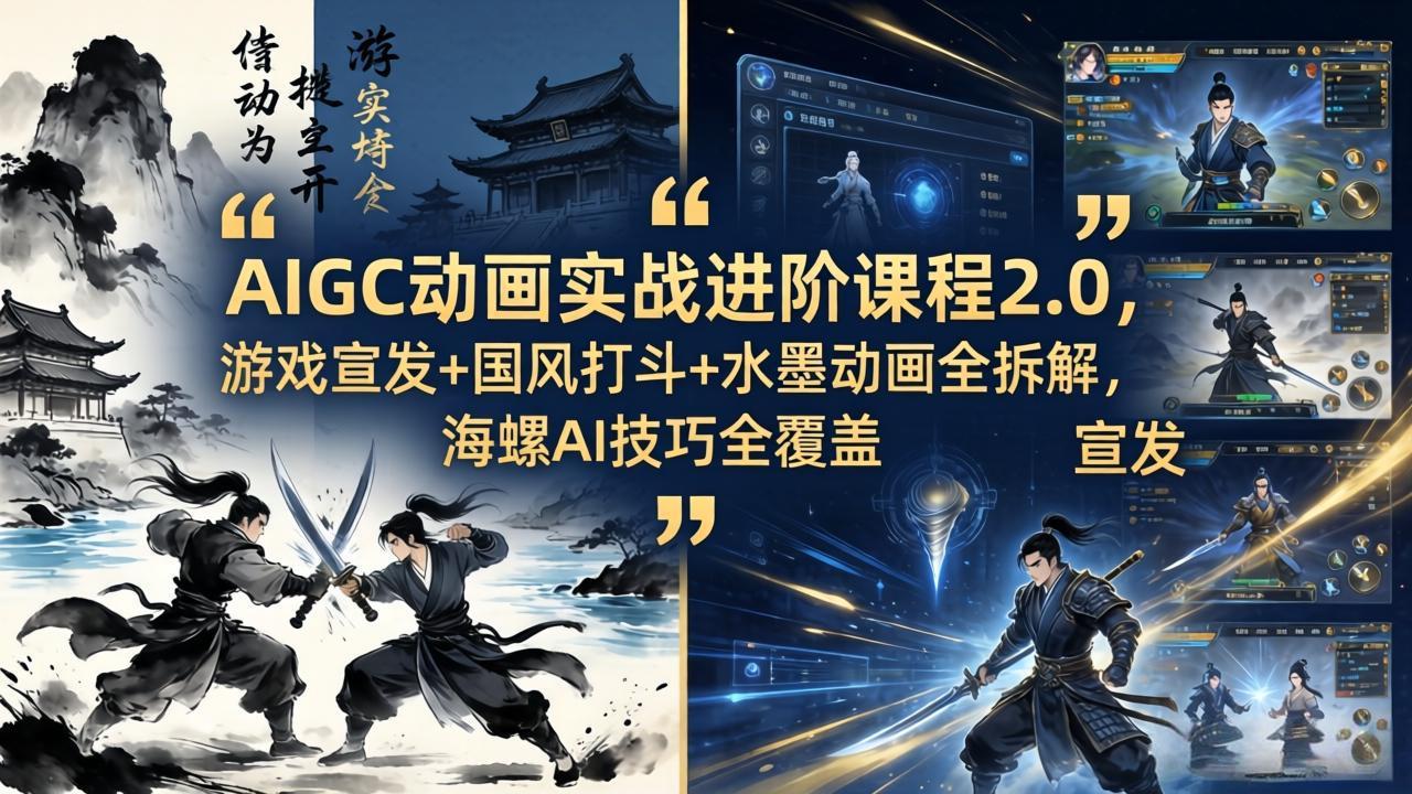 AIGC动画实战进阶课程2.0，游戏宣发+国风打斗+水墨动画全拆解，海螺AI技巧全覆盖-副业网资源站
