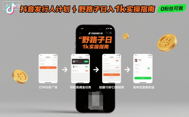 抖音发行人计划全新野路子玩法，随时随地，只要有手机，就能操作，日入1k+【揭秘】-副业网资源站