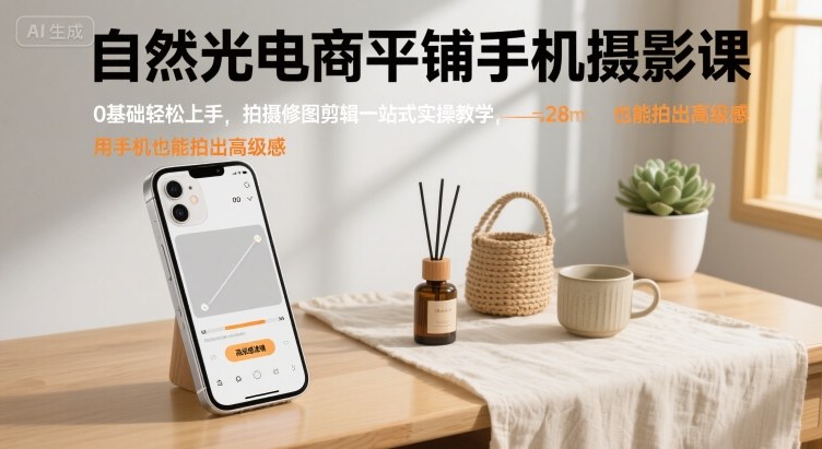 自然光电商平铺手机摄影课，0基础轻松上手，拍摄修图剪辑一站式实操教学，用手机也能拍出高级感-副业网资源站