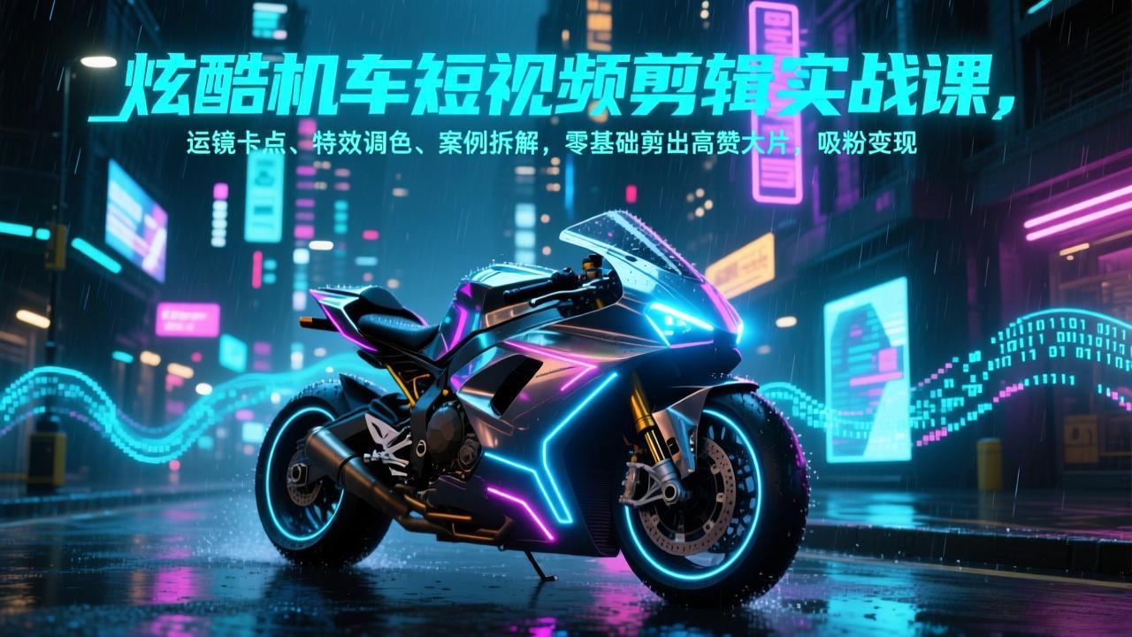 炫酷机车短视频剪辑实战课，运镜卡点、特效调色、案例拆解，零基础剪出高赞大片，吸粉变现-副业网资源站