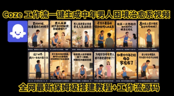 coze工作流一键生成”中年男人困境扎心高涨粉高播放量图文视频”保姆级拆解教程，无需剪辑，无需拍摄写文案-副业网资源站