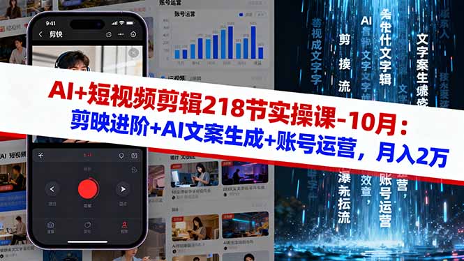 AI+短视频剪辑218节实操课-10月：剪映进阶+AI文案生成+账号运营，月入2万-副业网资源站