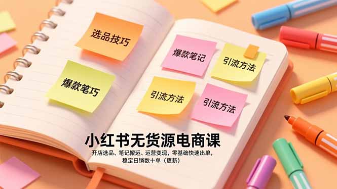 小红书无货源电商课，开店选品、笔记搬运、运营变现，零基础快速出单，稳定日销数十单(更新-副业网资源站
