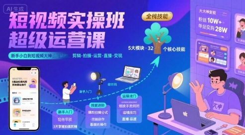 短视频实操班超级运营课，新手小白到短视频大神必修课程，剪辑-拍摄-运营-直播-变现-副业网资源站