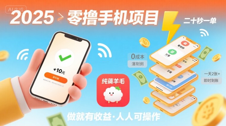 2025年零撸手机项目，二十秒一单，纯薅羊毛 一天2张+做就有-副业网资源站