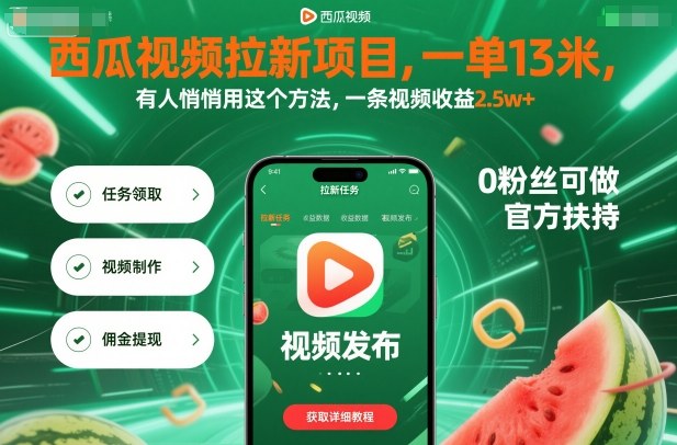 西瓜视频拉新项目，一单13米，有人悄悄用这个方法，一条视频收益2.5w+(附详细教程)-副业网资源站