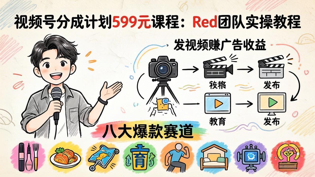 视频号分成计划599元课程：Red团队实操教程，发视频赚广告收益，八大爆款赛道全掌握-副业网资源站