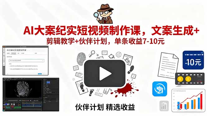 AI大案纪实短视频制作课，文案生成+剪辑教学+伙伴计划，单条收益7-10元-副业网资源站