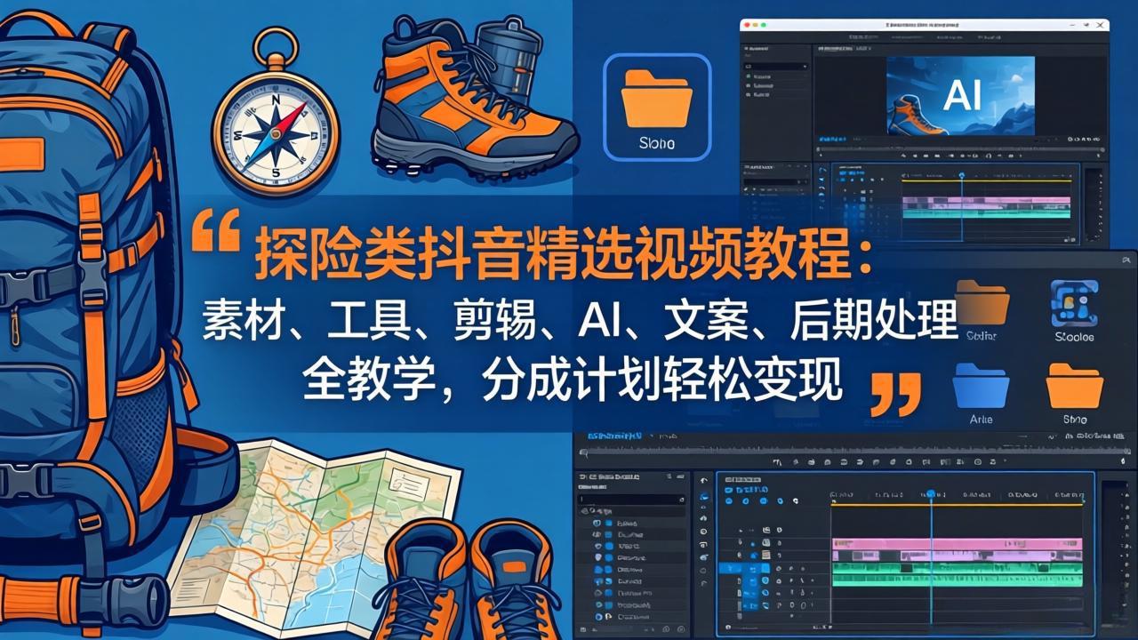 探险类抖音精选视频教程：素材、工具、剪辑、AI、文案、后期处理全教学，分成计划轻松变现-副业网资源站