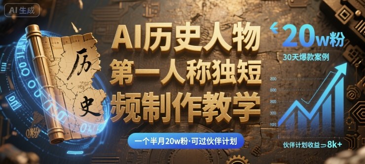 最新AI历史人物第一人称独白短视频制作教学，一个半月20w粉，可过伙伴计划-副业网资源站