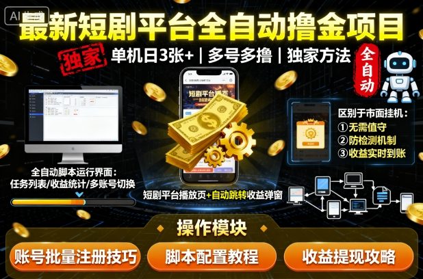 最新短剧平台全自动挂G撸金项目，单机一天3张+，多号多撸，区别于市面所有挂机项目，独家方法【揭秘】-副业网资源站
