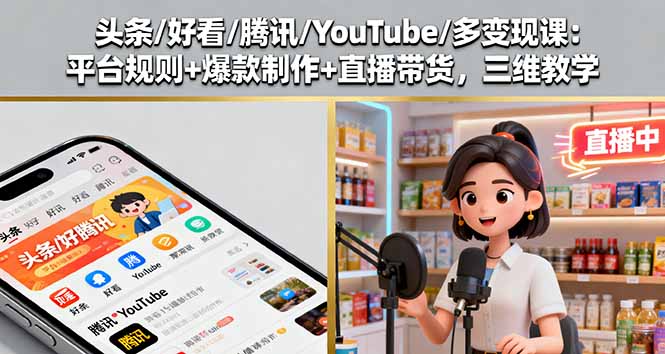头条/好看/腾讯/YouTube/多变现课：平台规则+爆款制作+直播带货，三维教学-副业网资源站