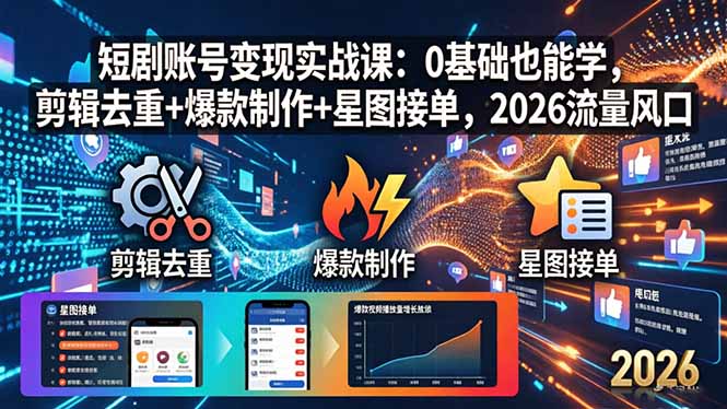 短剧账号变现实战课：0基础也能学，剪辑去重+爆款制作+星图接单，2026流量风口-副业网资源站