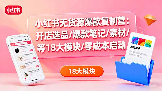 小红书无货源爆款复制营：开店选品/爆款笔记/素材/等18大模块/零成本启动-副业网资源站