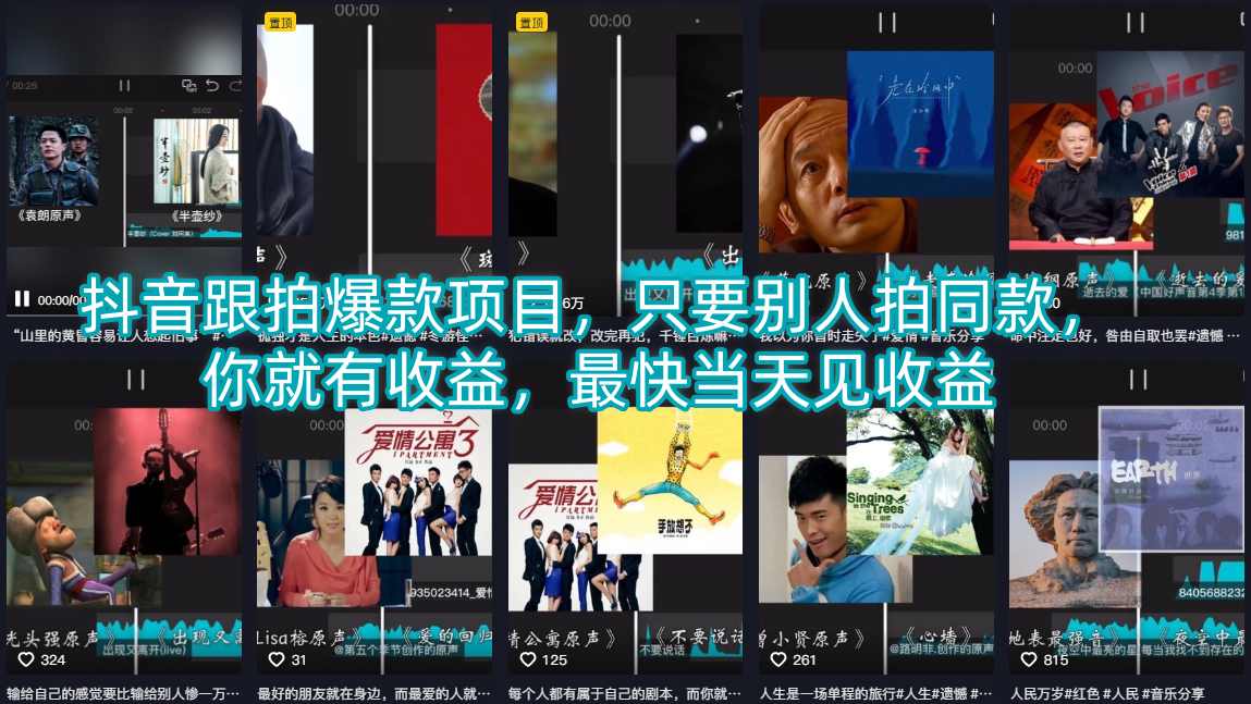 抖音跟拍爆款项目，只要别人拍同款，你就有收益，最快当天见收益-副业网资源站