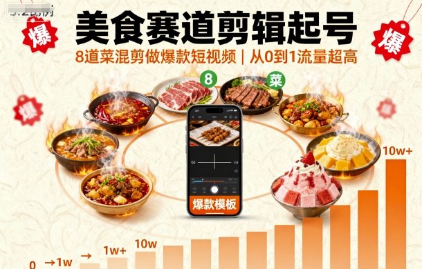 美食赛道剪辑起号，8道菜混剪做爆款短视频，从0到1，流量超高-副业网资源站