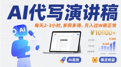 AI代写演讲稿，每天2-3小时，多劳多得，月入过W很正常-副业网资源站