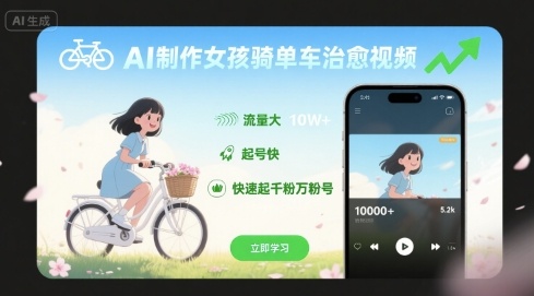 AI制作女孩骑单车治愈视频，流量大，起号快，快速起千粉万粉号-副业网资源站