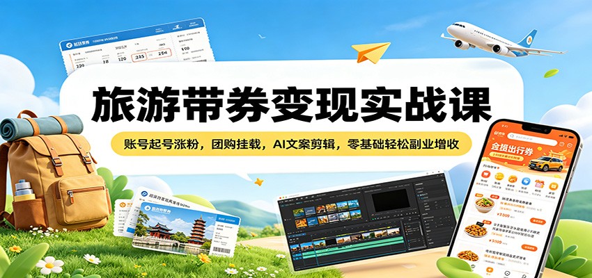 旅游带券变现实战课：账号起号涨粉，团购挂载，AI文案剪辑，零基础轻松副业增收-副业网资源站