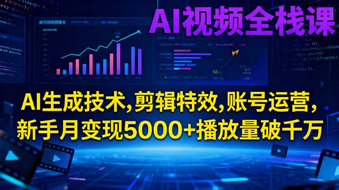 AI视频全栈课:AI生成技术,剪辑特效,账号运营,新手月变现5000+播放量破千万-副业网资源站