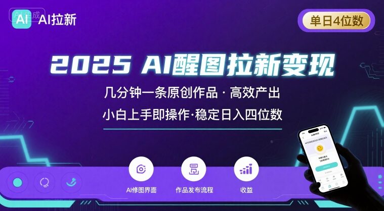 2025最强AI醒图拉新，几分钟一条原创作品，单日收入4位数，小白也能上手操作-副业网资源站