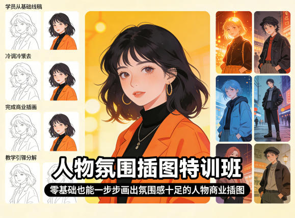 人物氛围插图特训班，零基础也能一步步画出氛围感十足的人物商业插图-副业网资源站