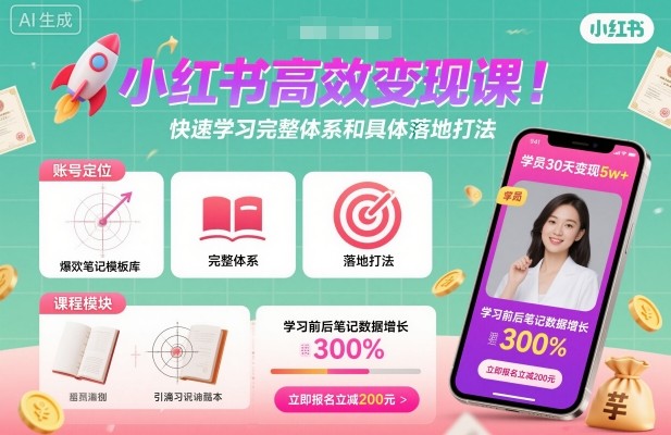 小红书高效变现课，快速学习小红书完整体系和具体落地打法-副业网资源站