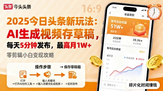 2025年今日头条躺賺新玩法，AI生成视频存草稿，每天5分钟发布，最高月1W+【揭秘】-副业网资源站