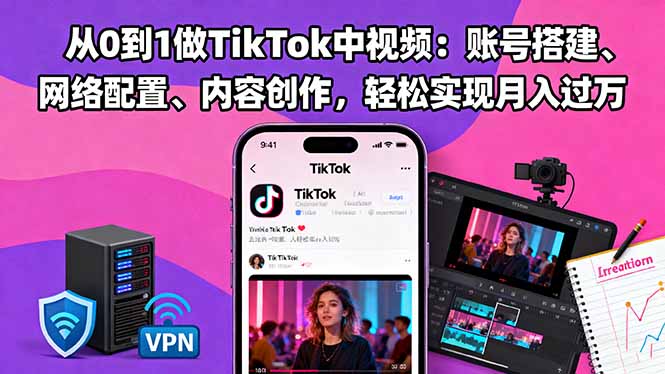 从0到1做TikTok中视频：账号搭建、网络配置、内容创作，轻松实现月入过万-副业网资源站