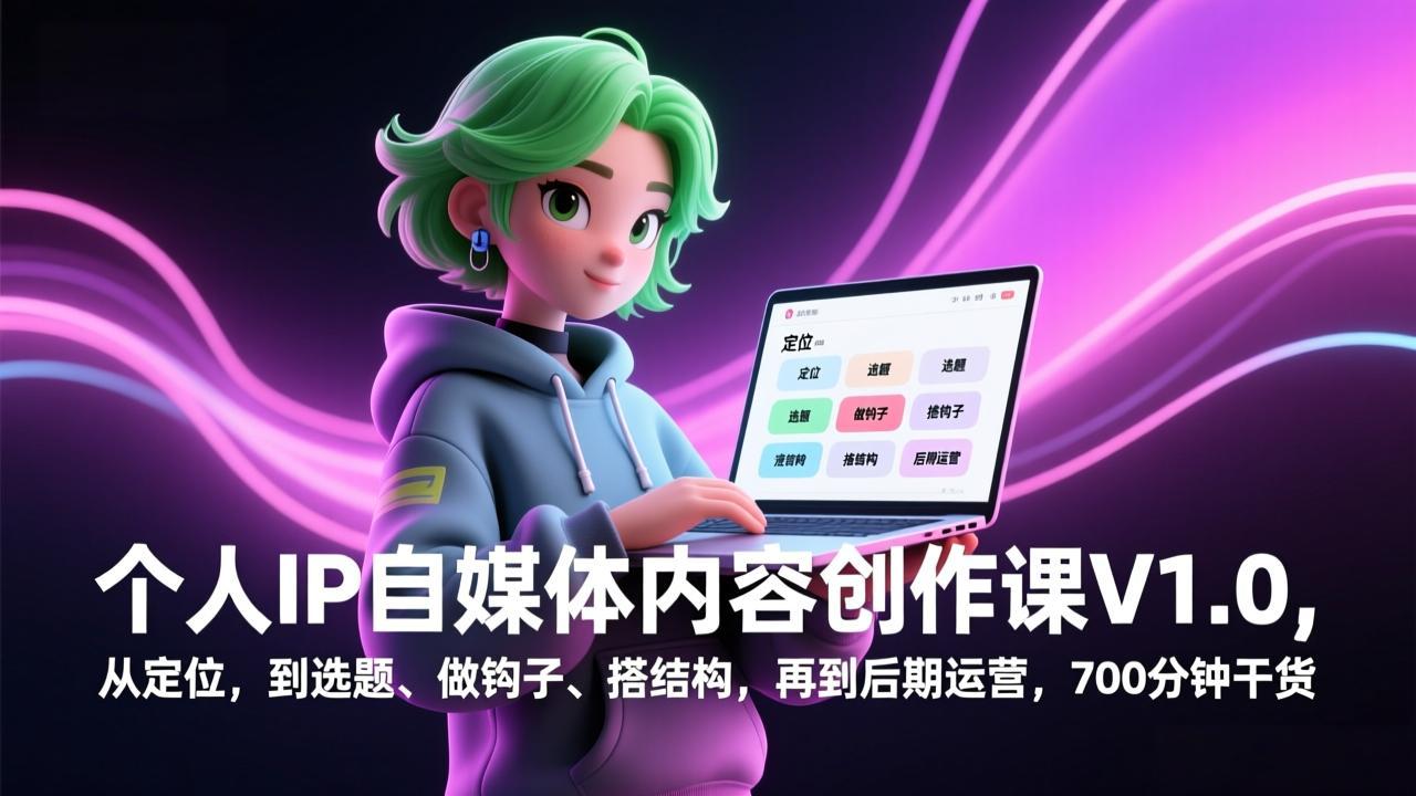 个人IP自媒体内容创作课V1.0，从定位，到选题、做钩子、搭结构，再到后期运营，700分钟干货-副业网资源站