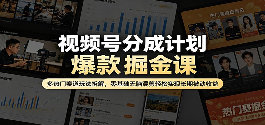视频号分成计划爆款掘金课：多热门赛道玩法拆解，零基础无脑混剪轻松实现长期被动收益-副业网资源站