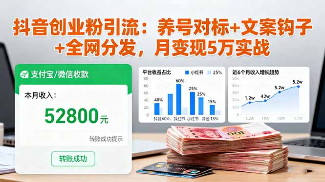 抖音创业粉引流：养号对标+文案钩子+全网分发，月变现5万实战-副业网资源站