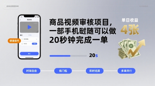商品视频审核项目，一部手机随时随地都可以做，20秒钟完成一单，单日收益 4张【揭秘】-副业网资源站
