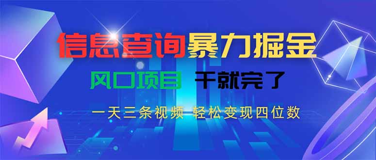 信息查询暴力掘金，一天三条视频 轻松变现四位数，风口项目干就完了-副业网资源站