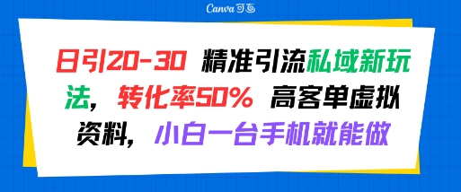日引 20-30 精准引流私域新玩法，转化率50% 高客单虚拟资料，小白一台手机就能做-副业网资源站