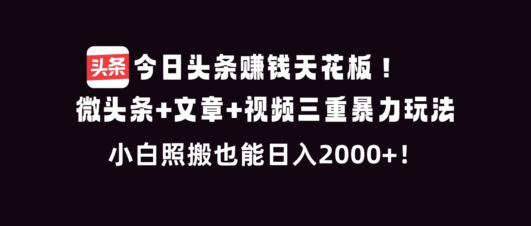 今日头条赚钱天花板！微头条+文章+视频三重暴利玩法，小白照搬也能日人2000+-副业网资源站