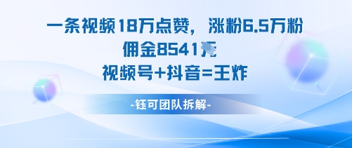 一条视频18W点赞，涨粉6.5W粉佣金8541米，视频号+抖音=王炸-副业网资源站