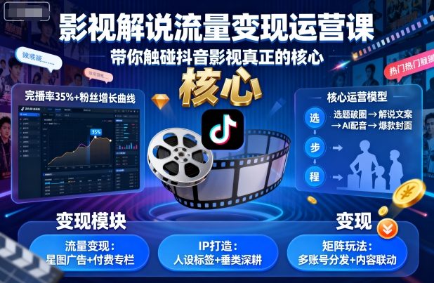 影视解说流量变现运营课，带你触碰抖音影视真正的核心-副业网资源站