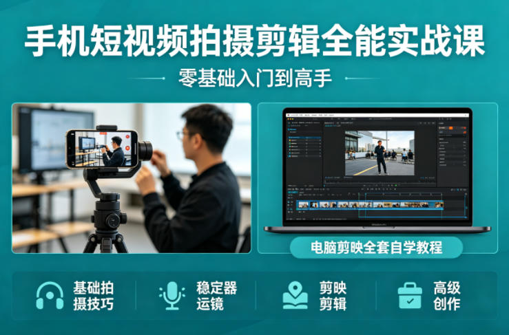 手机短视频拍摄剪辑全能实战课：零基础入门到高手，稳定器运镜+电脑剪映全套自学教程-副业网资源站