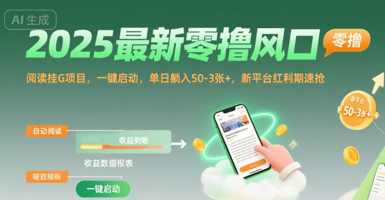 2025最新零撸风口，阅读挂G项目，一键启动，单日躺入 50-3张+，新平台红利期速抢【揭秘】-副业网资源站