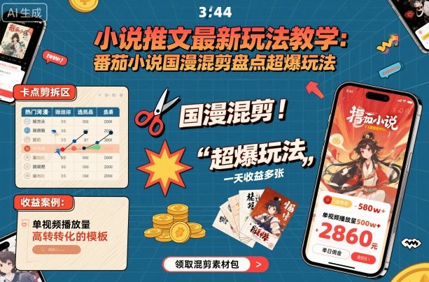 小说推文最新玩法教学，番茄小说国漫混剪盘点超爆玩法，全程干货，一天收益多张-副业网资源站
