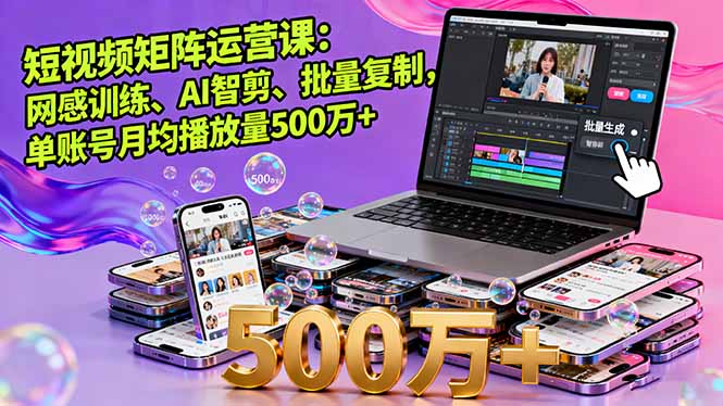 短视频矩阵运营课：网感训练、AI智剪、批量复制，单账号月均播放量500万+-副业网资源站