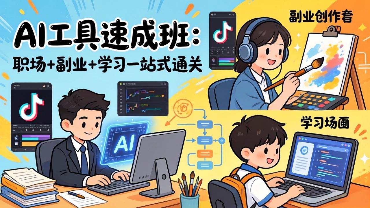 AI工具速成班：职场+副业+学习一站式通关，20+爆款类型+剪映技巧+抖音算法，0基础快速上手-副业网资源站