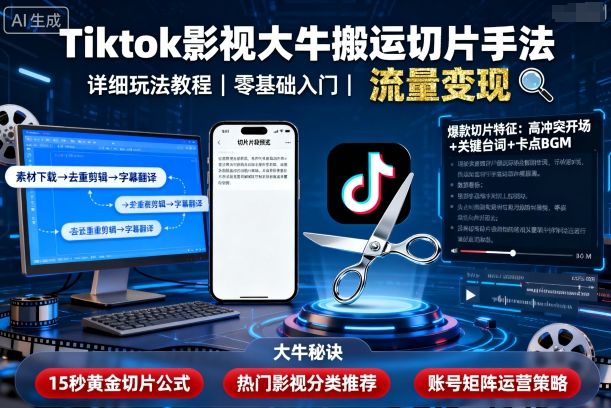 Tiktok影视大牛搬运切片手法，详细玩法教程-副业网资源站
