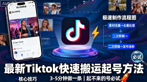 最新Tiktok快速搬运快速起号方法，3-5分钟做一条，起不来的号可以试试-副业网资源站